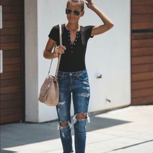 Vici Janie Ribbed Henley Bodysuit - Black